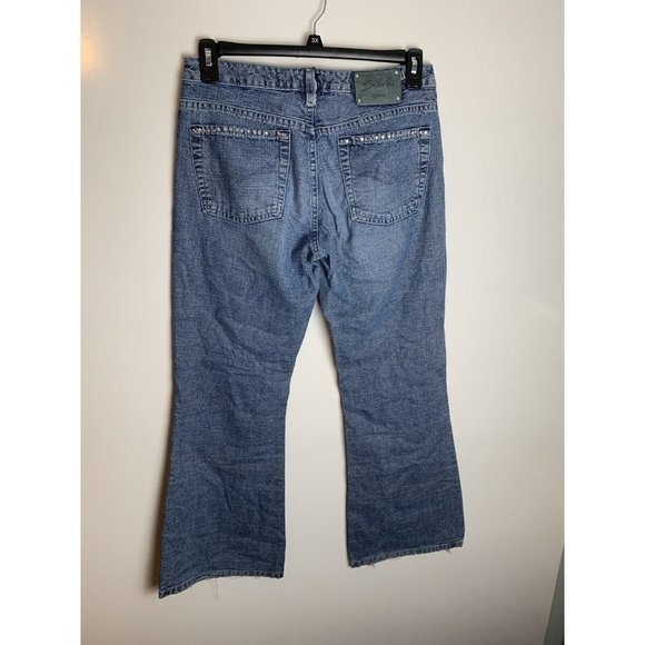 Womens Silver 30/31 Distressed Faded Button Fly Flare Blue Jeans Jewel - Picture 5 of 11